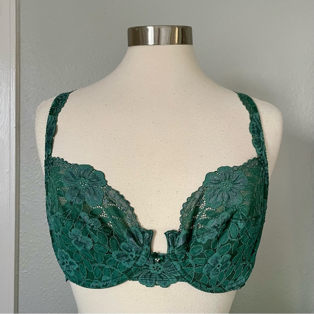 Vintage Victoria's Secret Emerald Green Floral Lace Underwire Bra 36C Lingerie
